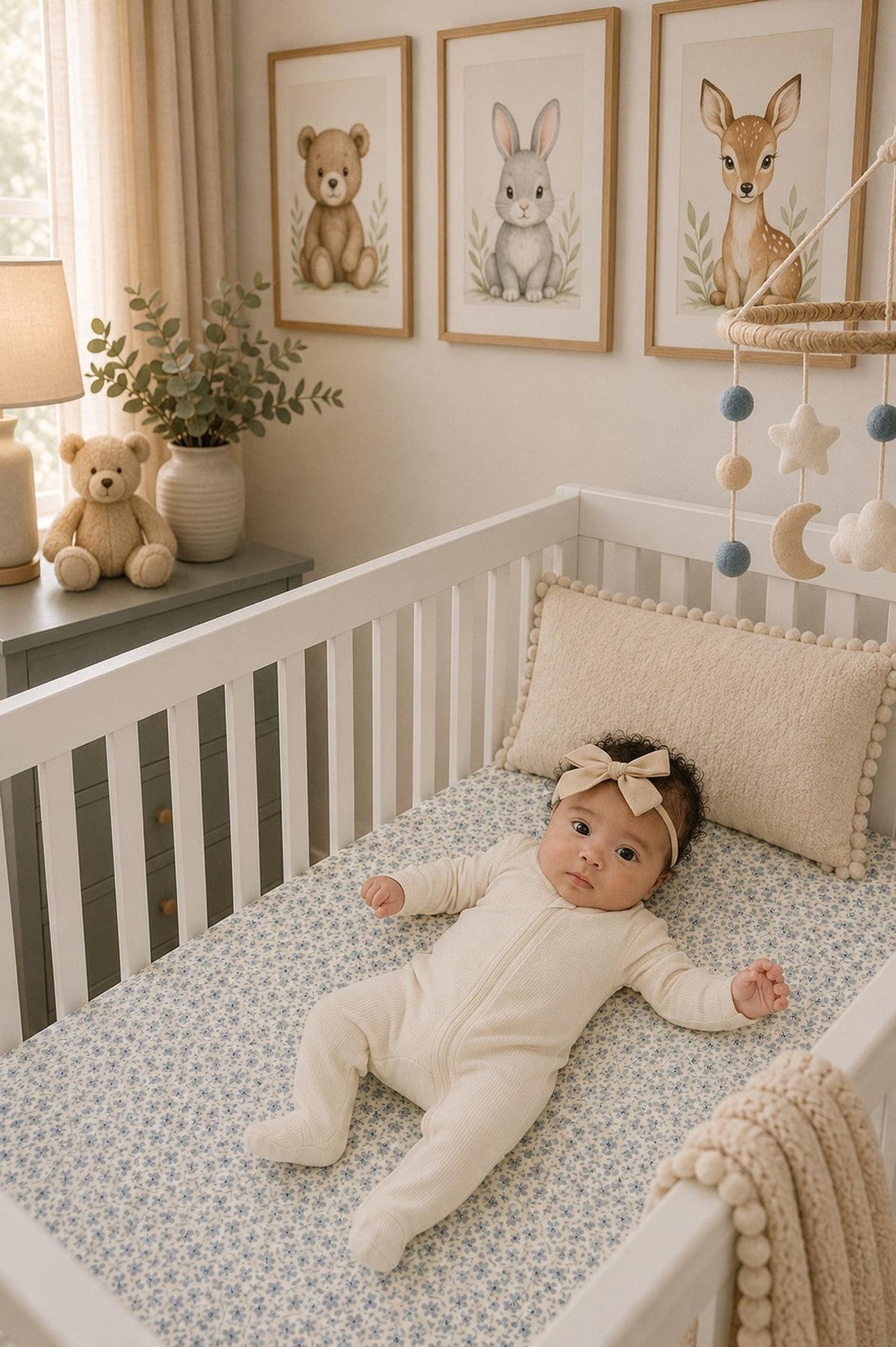 A cozy nursery scene features a baby lying on a blue floral muslin crib sheet, surrounded by charming animal artwork and soft decor, creating a nurturing environment for infants.