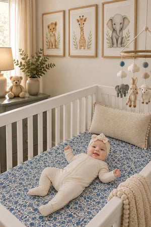 A happy baby in a cream-colored onesie lies on a blue and white floral crib sheet, surrounded by soft decor including animal-themed artwork and a mobile in a cozy nursery.