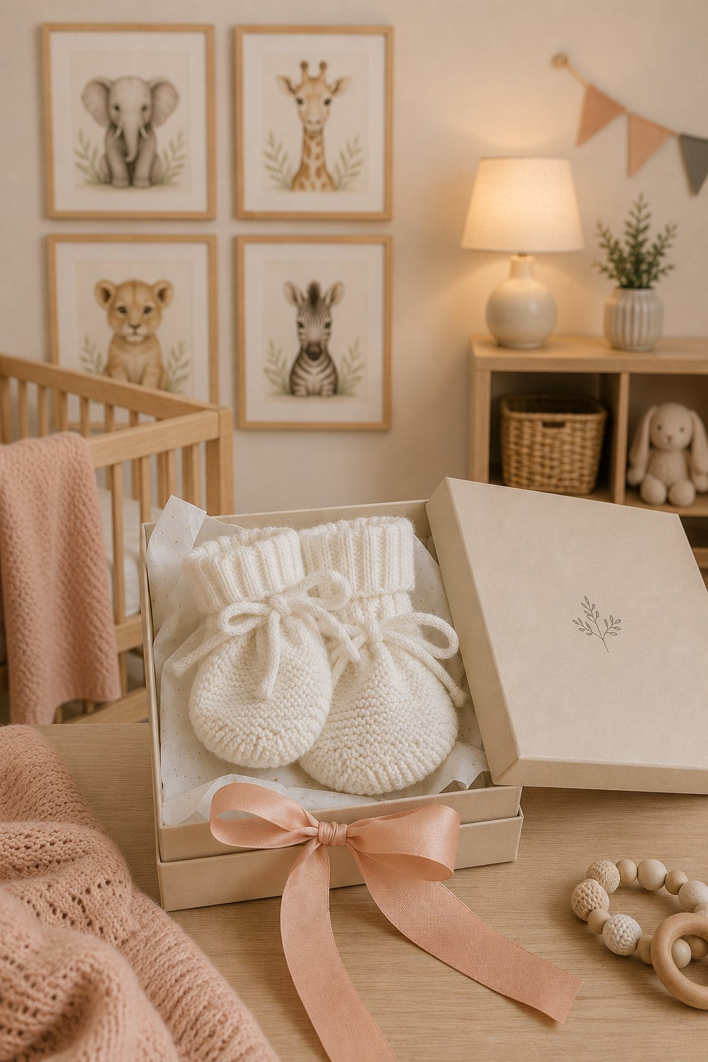 A pair of soft, white knit baby booties with tied bows sits in a decorative box, surrounded by a cozy nursery featuring animal artwork and warm lighting. Perfect for infants.