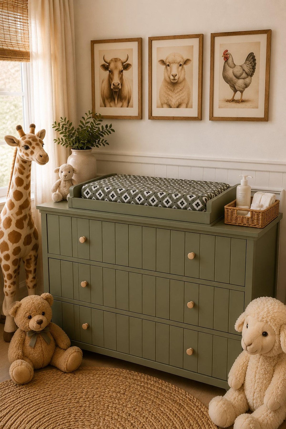 A cozy nursery features a green dresser topped with a patterned changing pad, surrounded by plush toys and framed animal art on the wall, creating a warm, inviting atmosphere.