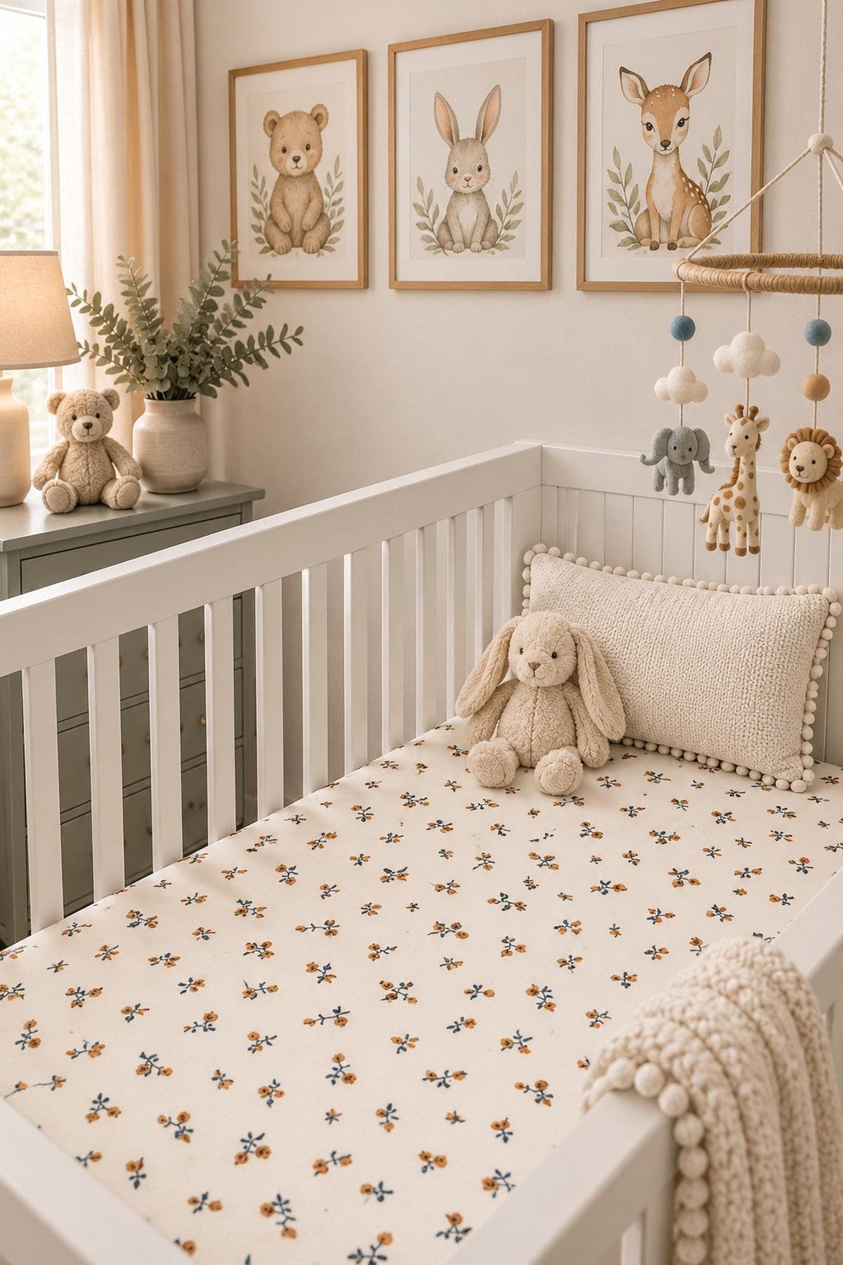 A cozy nursery features a crib with a cream floral muslin sheet, surrounded by soft toys and framed animal art. The gentle colors create a warm, inviting atmosphere for babies.