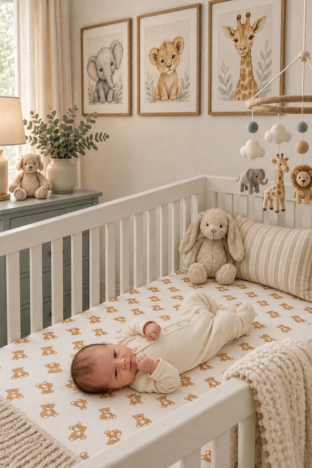 A peaceful nursery scene features a baby lying on a teddy bear-patterned muslin crib sheet, surrounded by soft toys and animal-themed artwork. The calming colors create a cozy, inviting atmosphere.