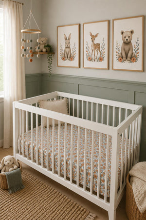 A cozy nursery features a white crib with a floral-patterned crib sheet, surrounded by charming animal artwork on the walls and soft furnishings, creating a warm, inviting atmosphere for infants.
