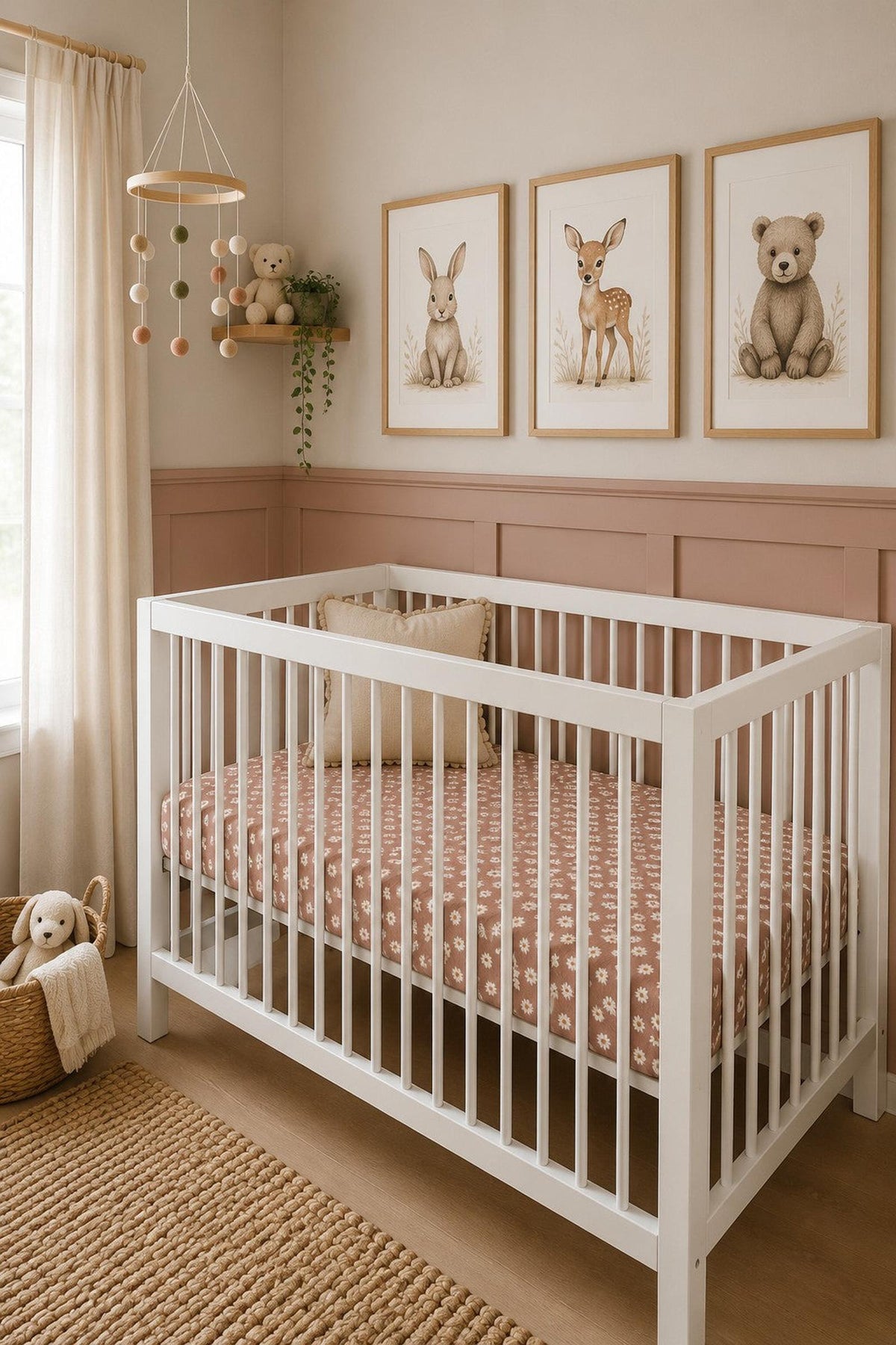 A cozy nursery features a white crib with a pink floral muslin crib sheet, surrounded by soft decor including animal artwork, a mobile, and plush toys on a natural woven.