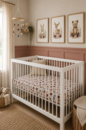 A white crib features a floral-patterned crib sheet in shades of burgundy, blue, and cream, set against a softly decorated nursery with animal artwork and natural textures.