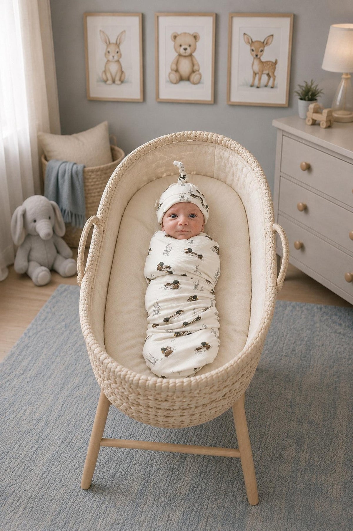 A newborn swaddled in a soft, cream-colored bamboo stretch swaddle with a cute animal print lies in a cozy, woven bassinet, surrounded by a serene nursery setting.