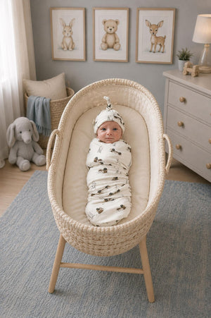 A newborn swaddled in a soft, cream-colored bamboo stretch swaddle with a cute animal print lies in a cozy, woven bassinet, surrounded by a serene nursery setting.
