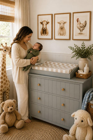 A mother holds her baby in a cozy nursery featuring a taupe checkered muslin changing pad cover on a gray changing table, surrounded by charming animal artwork and soft toys.