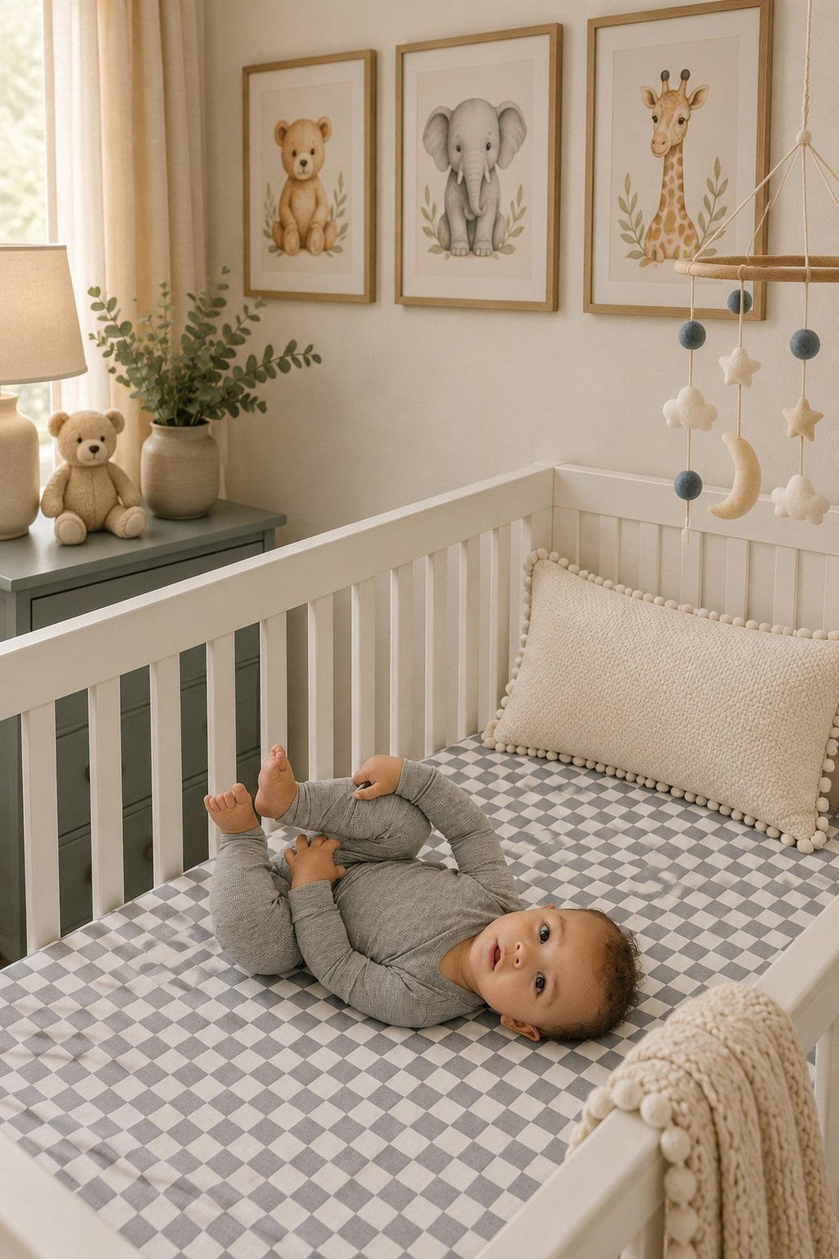 A toddler in gray pajamas plays on a dusty blue checkered muslin crib sheet, surrounded by soft toys and framed animal illustrations in a cozy nursery setting.