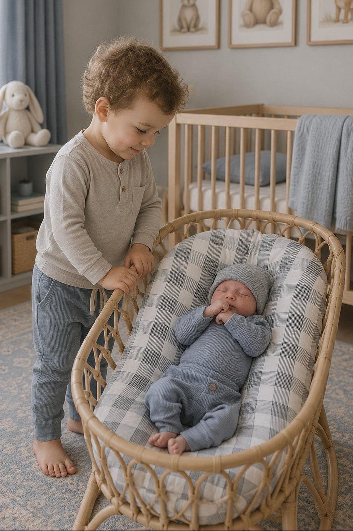 A toddler in a light gray long-sleeve shirt and pants stands beside a rattan bassinet, admiring a sleeping newborn dressed in a dusty blue waffle knit outfit and matching hat.