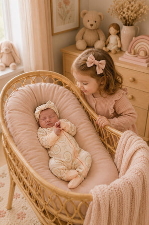 A cozy nursery scene features a sleeping newborn in a bamboo crib, while an older sibling watches lovingly. Soft pastel colors and plush toys create a warm, inviting atmosphere.