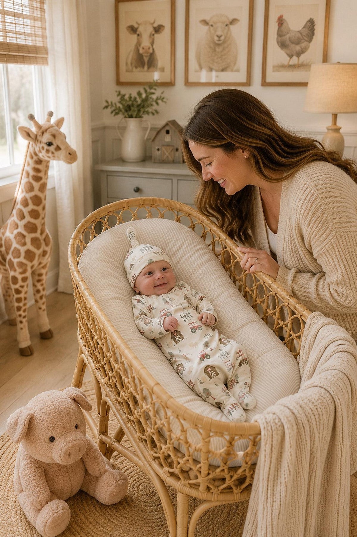A smiling mother leans over a cozy rattan bassinet, admiring her baby dressed in a soft, patterned gown. The serene nursery features warm tones.
