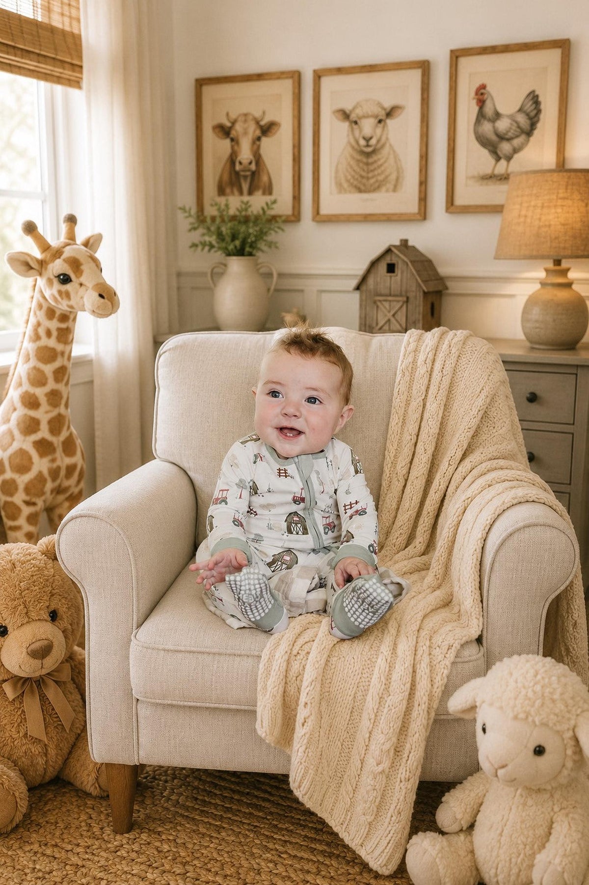 A happy baby sits on a cozy beige armchair surrounded by plush toys, wearing a soft bamboo pajama with a playful farm animal print.