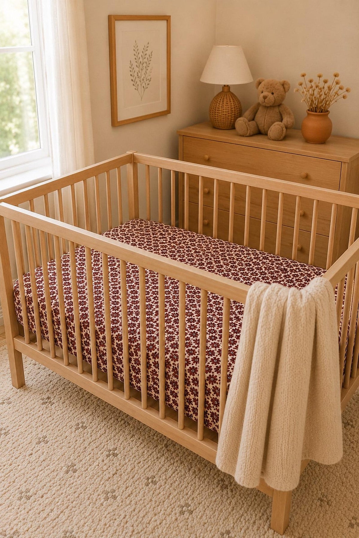 A wooden crib with a floral ribbed bamboo sheet in deep red hues is set in a softly lit nursery.