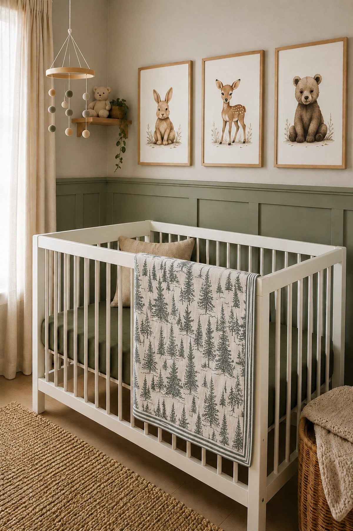 A white crib with a cozy green mattress features a lightweight muslin quilt displaying a forest pattern.
