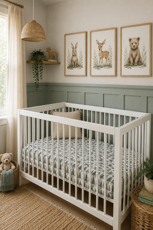 A cozy nursery features a white crib with a forest-themed muslin crib sheet, soft teddy bear, and nature-inspired artwork on the walls. The soothing color palette enhances the serene atmosphere.