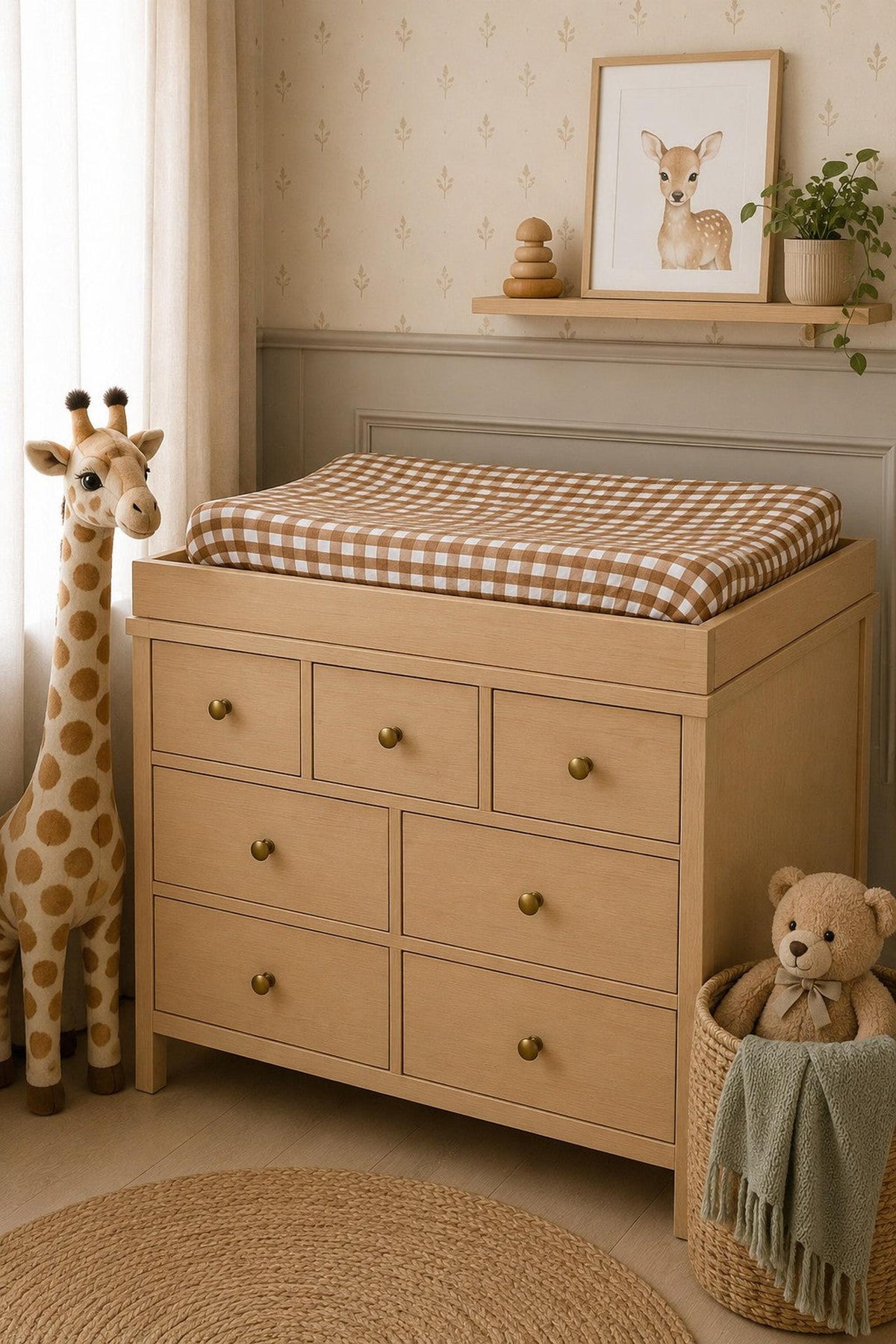A changing table features a light wood finish with multiple drawers, topped with a brown gingham muslin changing pad cover.