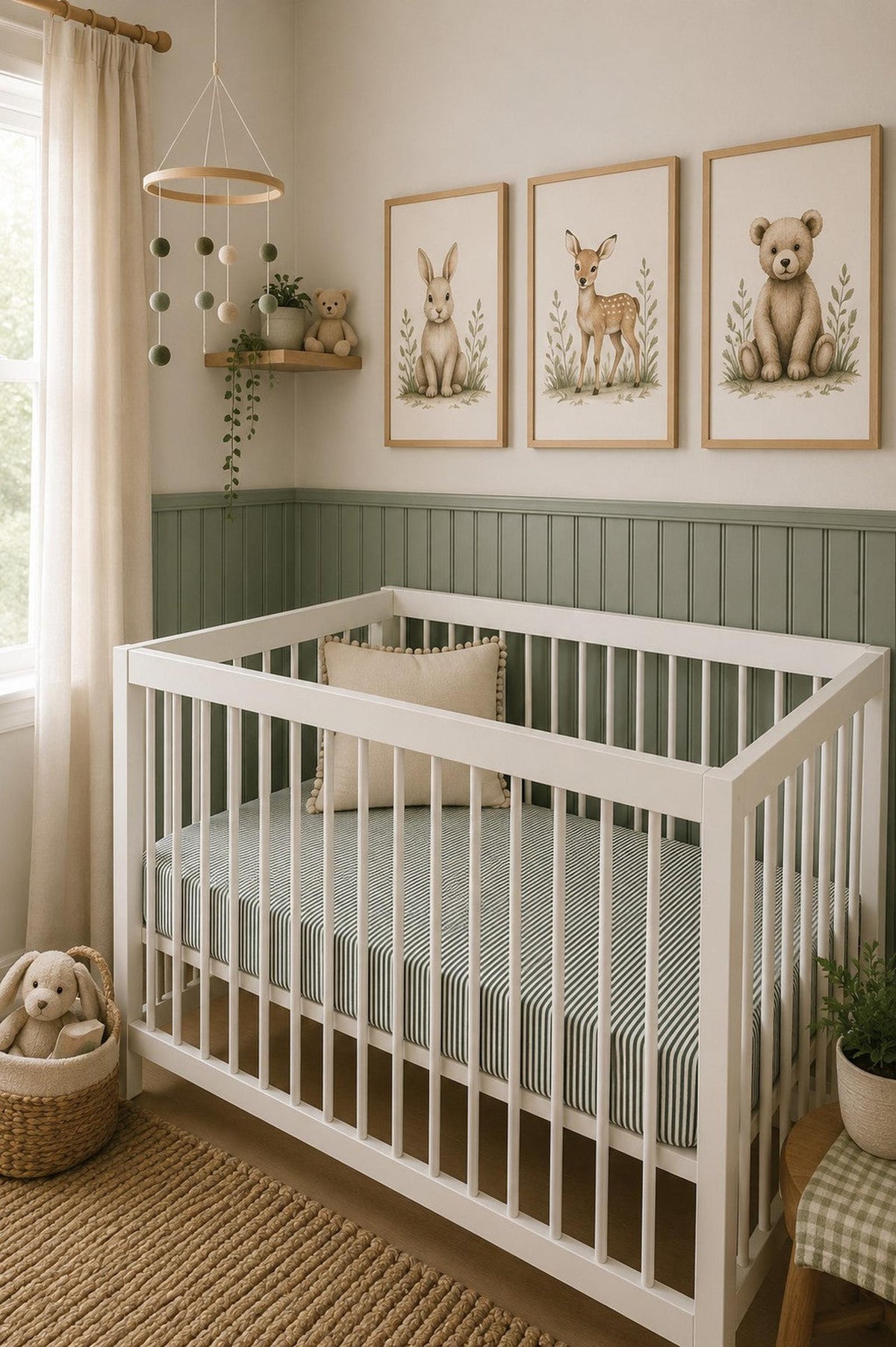 A cozy nursery features a white crib with a green-striped muslin sheet, surrounded by soft decor, including animal artwork, a mobile, and a plush toy.