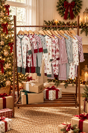 A wooden clothing rack displays a variety of festive pajama sets in red and white prints, set against a cozy holiday backdrop with a decorated Christmas tree and wrapped presents.