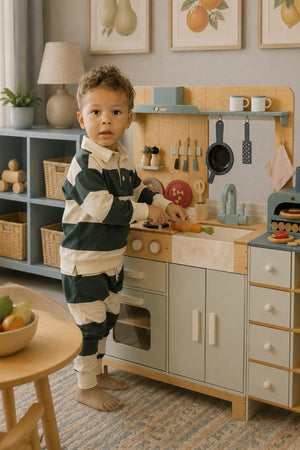 A young child with curly hair stands at a toy kitchen, wearing a green and white striped collared outfit.