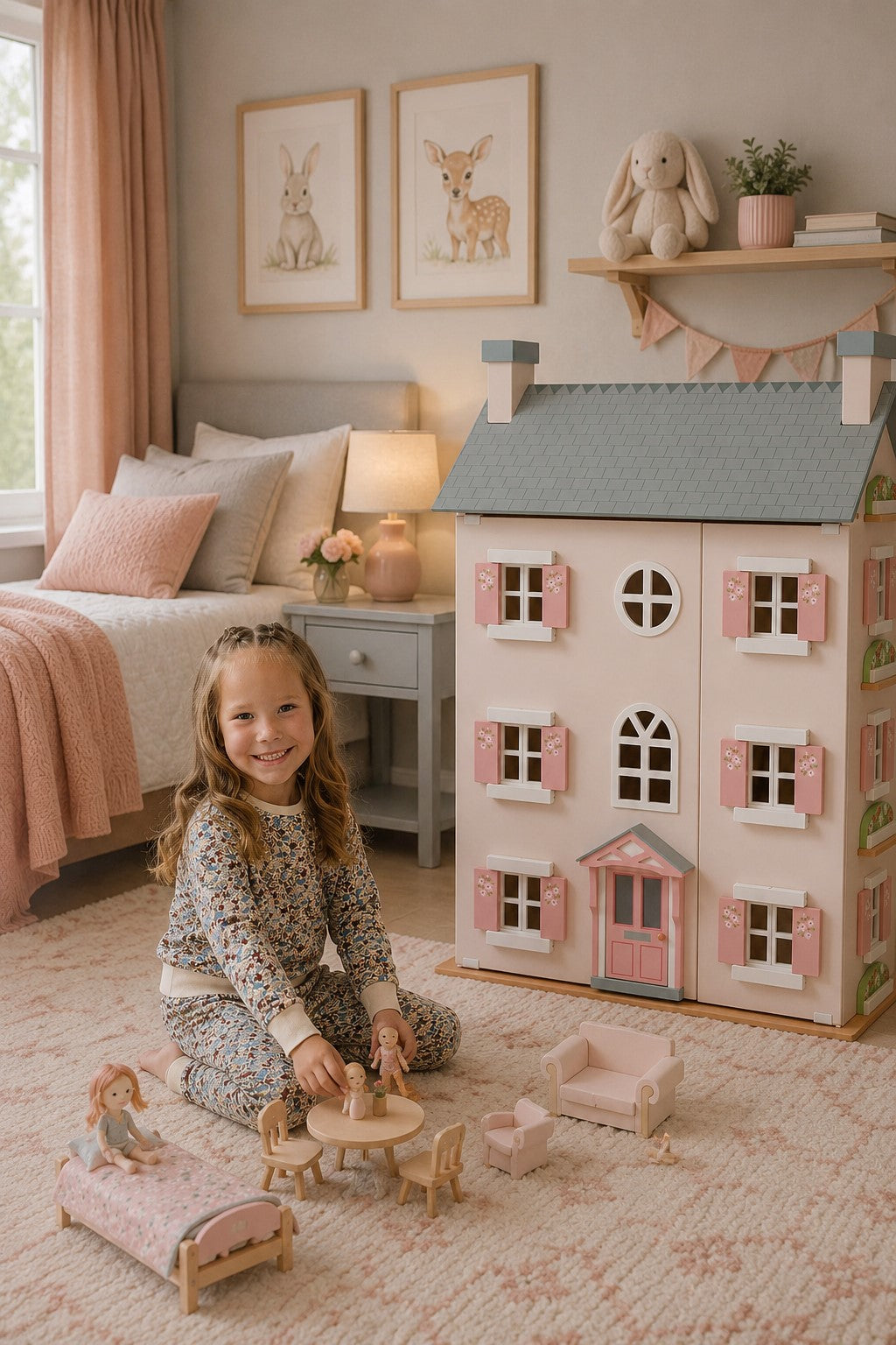 A joyful child sits on a soft rug, playing with dollhouse furniture in a cozy, well-decorated room. The pastel-colored dollhouse features pink accents and is surrounded by warm.