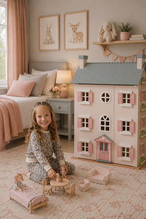 A joyful child sits on a soft rug, playing with dollhouse furniture in a cozy, well-decorated room. The pastel-colored dollhouse features pink accents and is surrounded by warm.