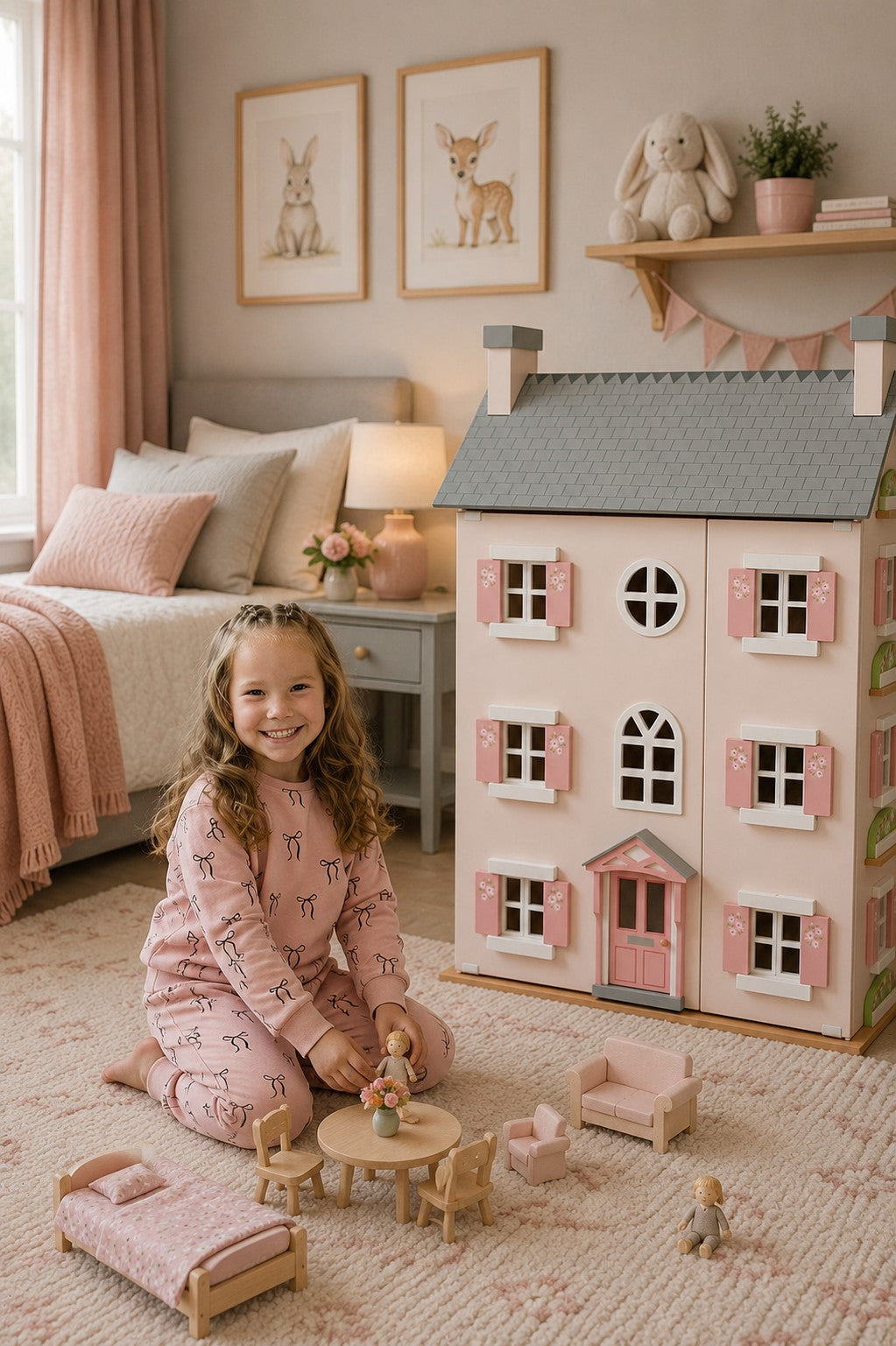 A young girl smiles while playing with a dollhouse in a cozy, softly lit room. She wears a pink outfit featuring a playful animal print, enhancing the playful atmosphere.