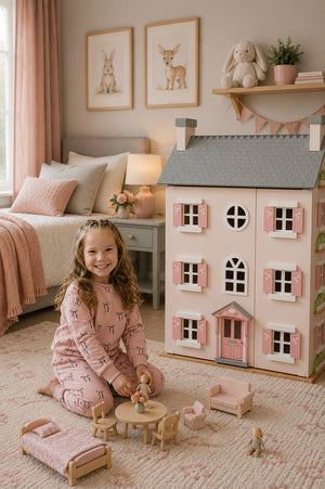 A young girl smiles while playing with a dollhouse in a cozy, softly lit room. She wears a pink outfit featuring a playful animal print, enhancing the playful atmosphere.