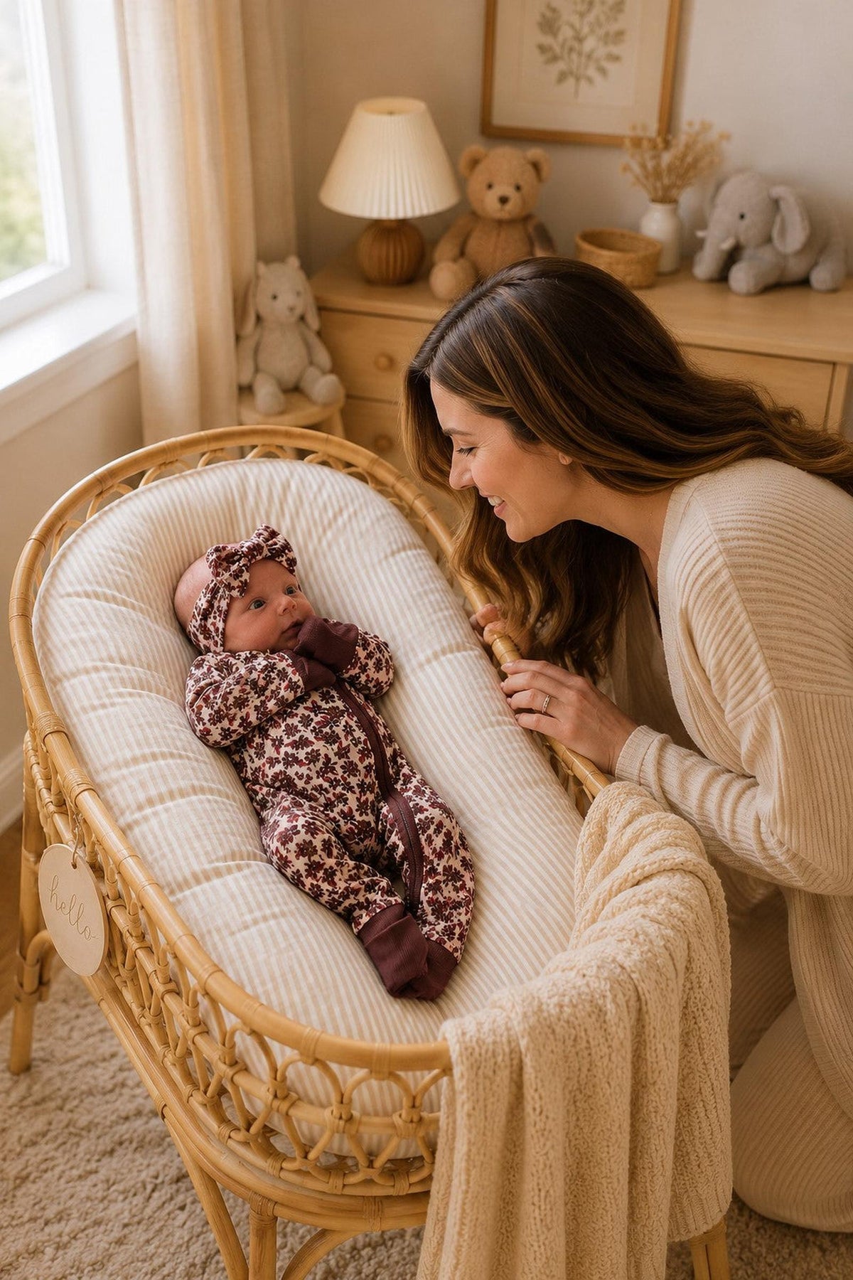A mother lovingly gazes at her baby in a cozy, natural-toned nursery. The baby wears an antique floral ribbed bamboo zipper pajama, complemented by a matching headband, highlighting sustainable comfort.