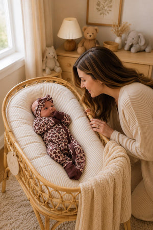 A mother lovingly gazes at her baby in a cozy, natural-toned nursery. The baby wears an antique floral ribbed bamboo zipper pajama, complemented by a matching headband, highlighting sustainable comfort.