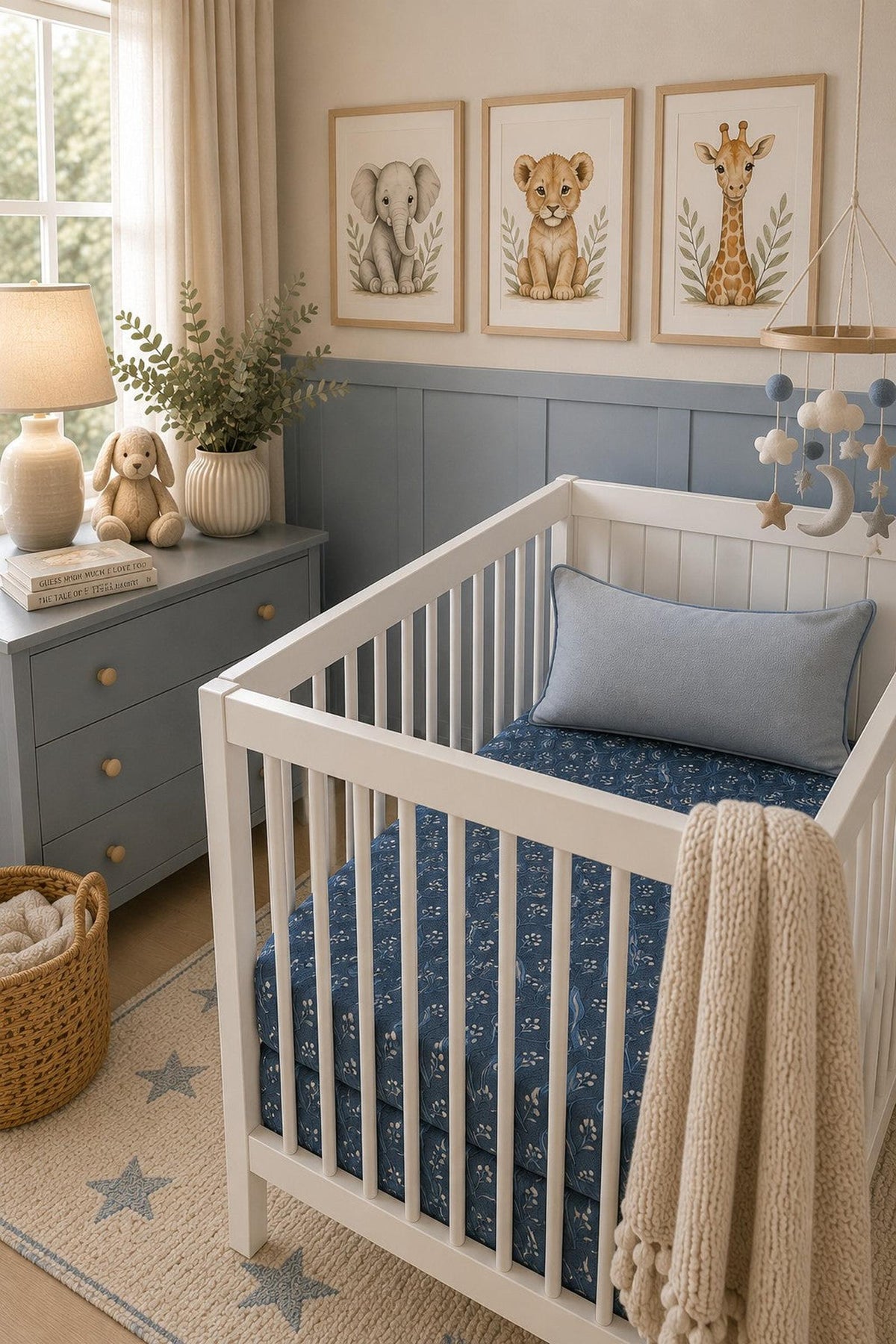 A cozy nursery features a white crib with a navy muslin crib sheet adorned with a floral pattern, complemented by soft decor, including animal-themed artwork and a plush teddy bear.