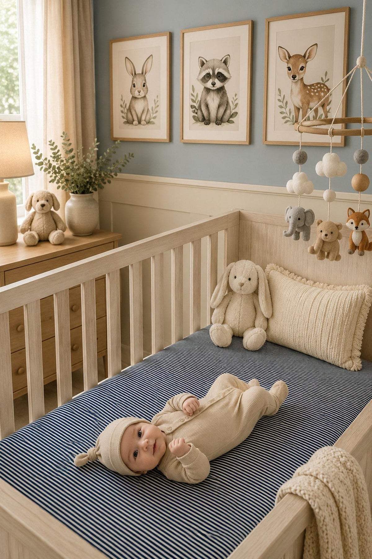A cozy nursery features a wooden crib with a navy striped crib sheet, housing a smiling baby in a beige outfit and hat, surrounded by plush toys and animal-themed wall.