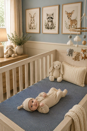 A cozy nursery features a wooden crib with a navy striped crib sheet, housing a smiling baby in a beige outfit and hat, surrounded by plush toys and animal-themed wall.
