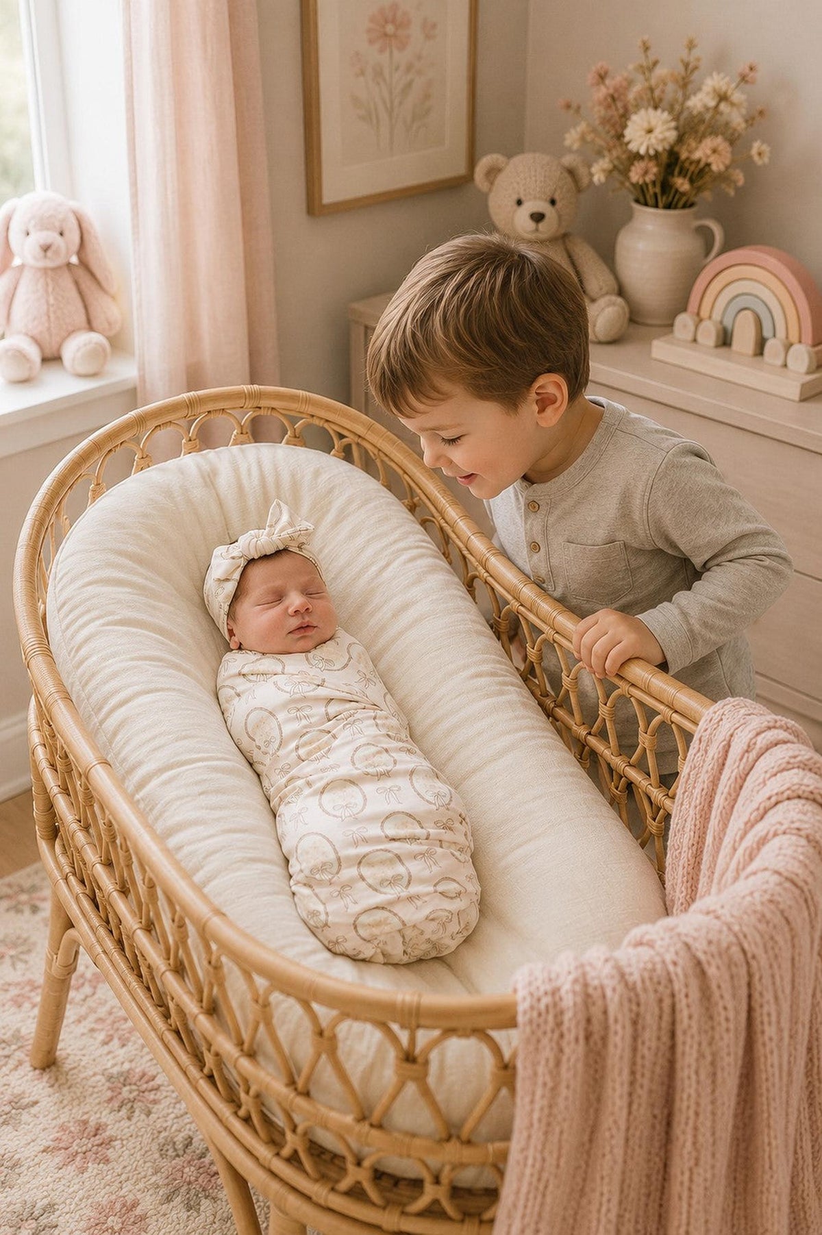 A young boy leans over a cozy rattan bassinet, admiring a peacefully sleeping baby swaddled in a soft.