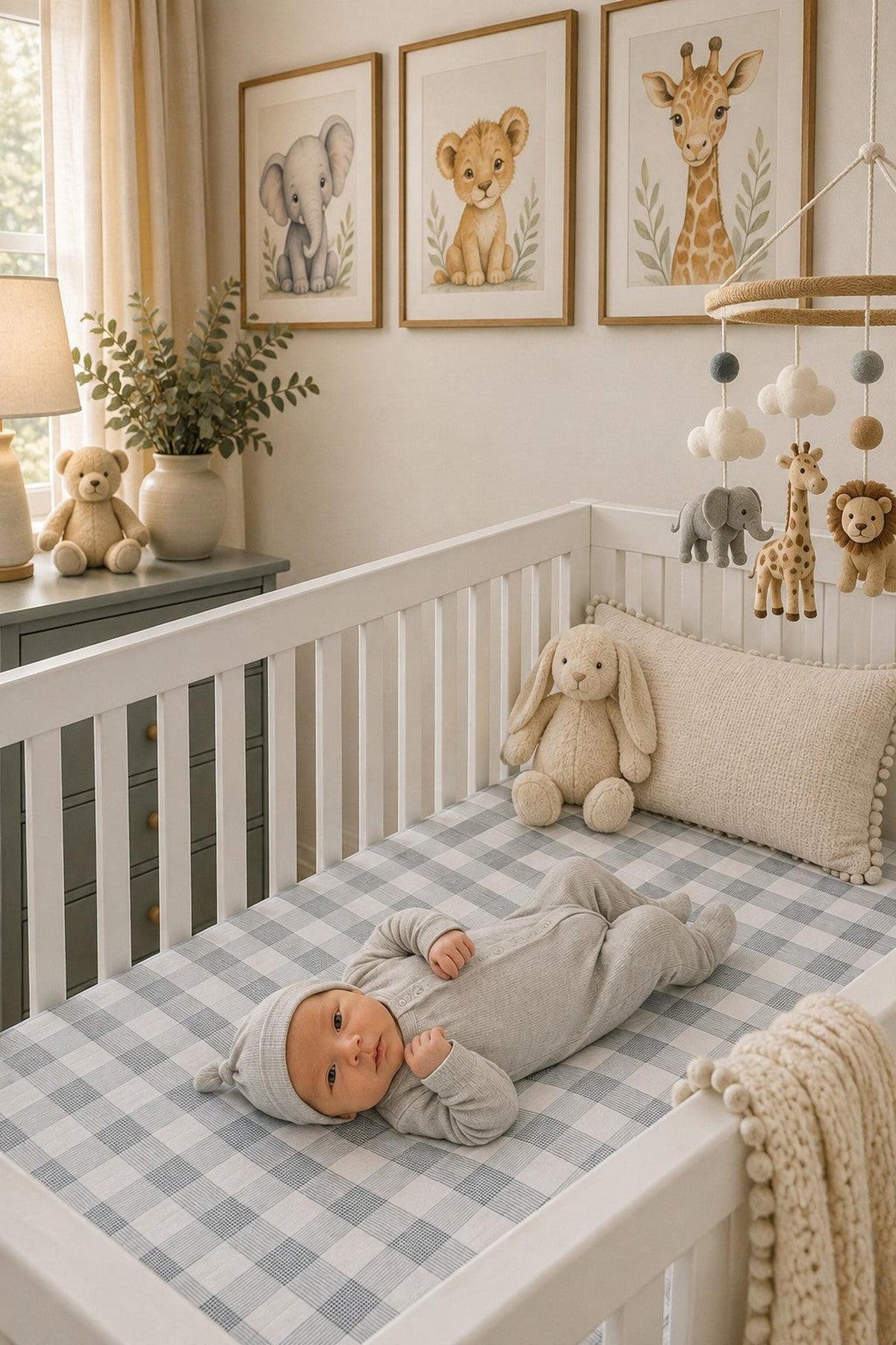 A cozy nursery features a baby lying on a gray and white plaid muslin crib sheet, surrounded by plush toys and framed animal artwork on the walls.