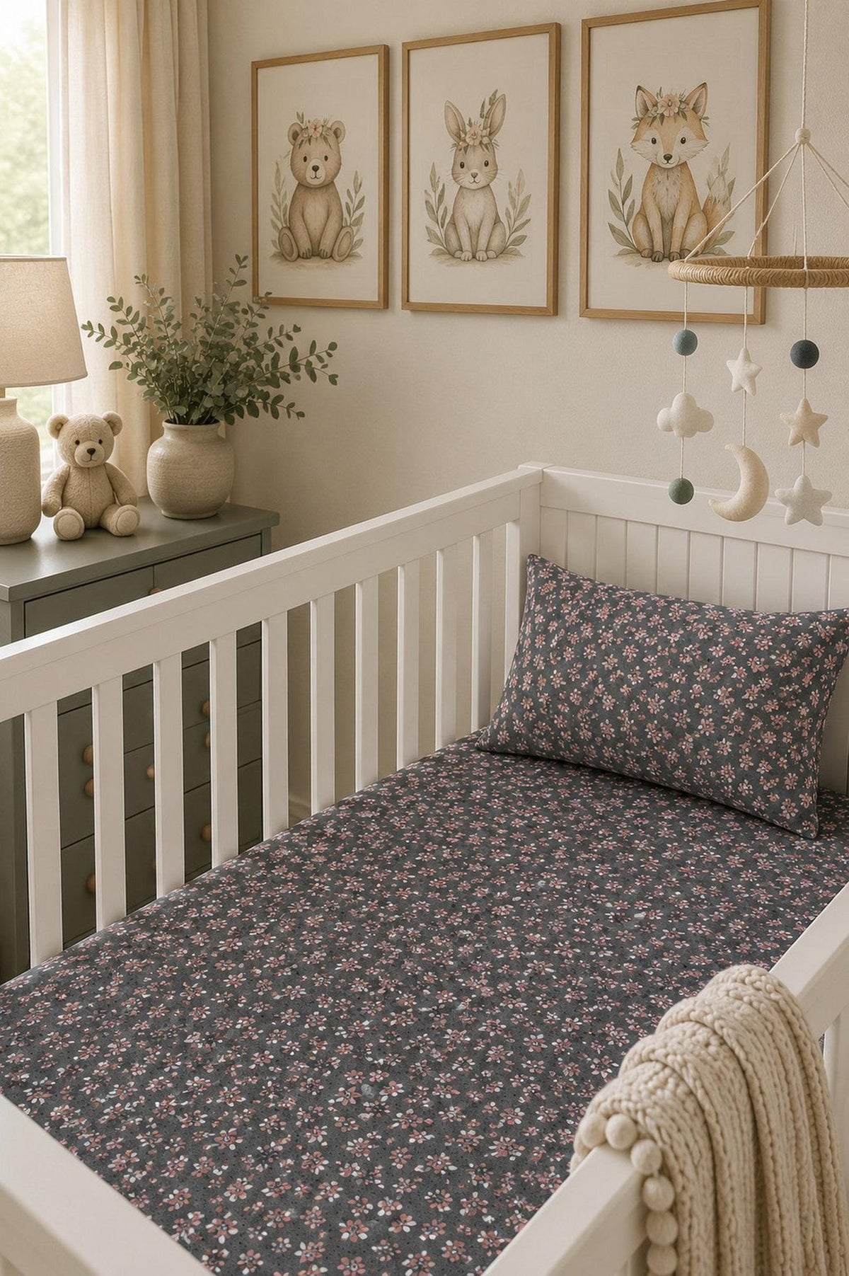 A muslin crib sheet in a dark gray floral pattern fits a white wooden crib, accompanied by a matching pillow.