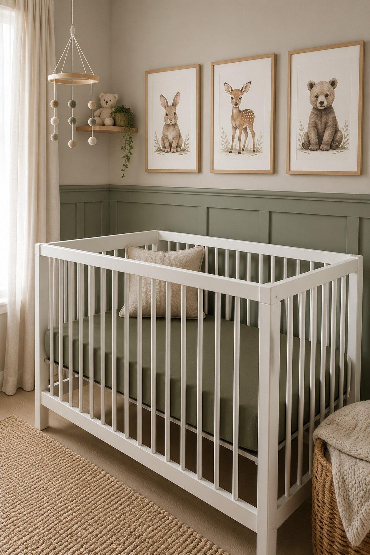 A white crib with a fitted olive green sheet sits in a softly lit nursery, adorned with animal-themed artwork and cozy decor, creating a warm, inviting space for a baby.