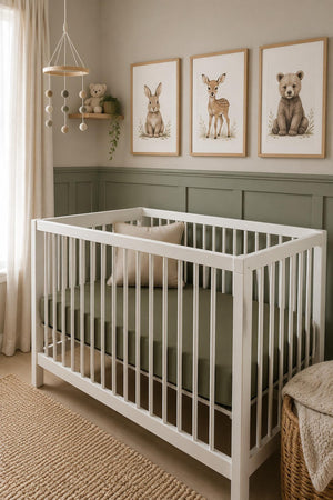 A white crib with a fitted olive green sheet sits in a softly lit nursery, adorned with animal-themed artwork and cozy decor, creating a warm, inviting space for a baby.