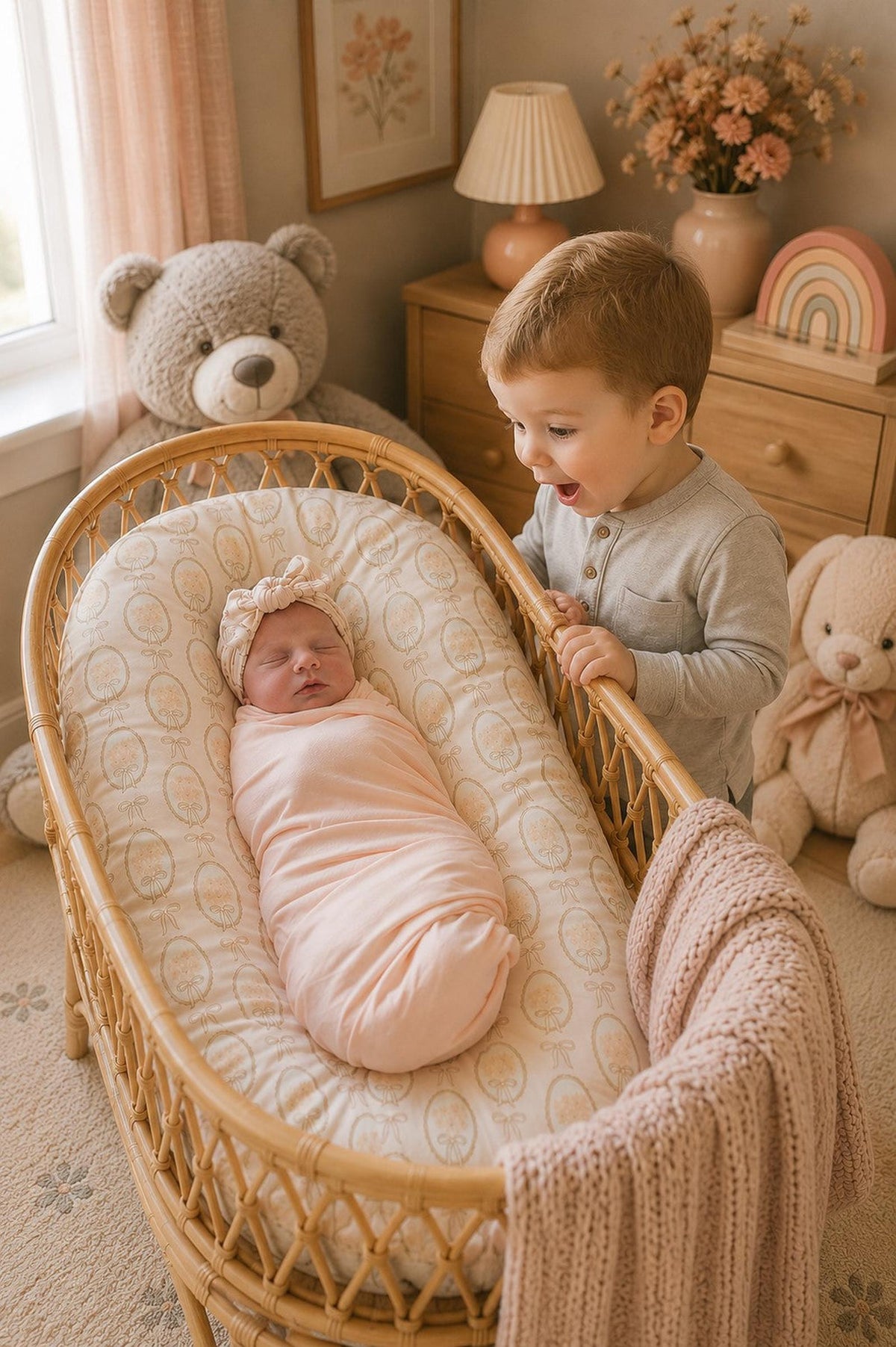 A delighted toddler stands beside a cozy, bamboo swaddle-wrapped baby in a rattan bassinet. The serene nursery features soft colors, plush toys, and warm, natural decor elements.