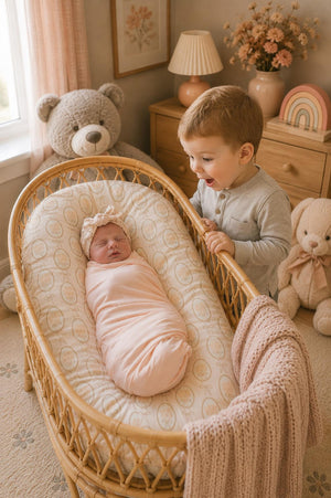 A delighted toddler stands beside a cozy, bamboo swaddle-wrapped baby in a rattan bassinet. The serene nursery features soft colors, plush toys, and warm, natural decor elements.
