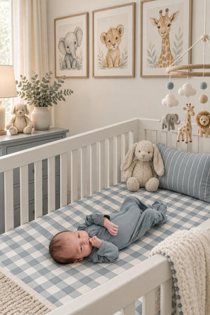 A serene nursery scene features a baby lying on a dusty blue gingham crib sheet, surrounded by plush toys and framed animal art, creating a cozy and inviting atmosphere.