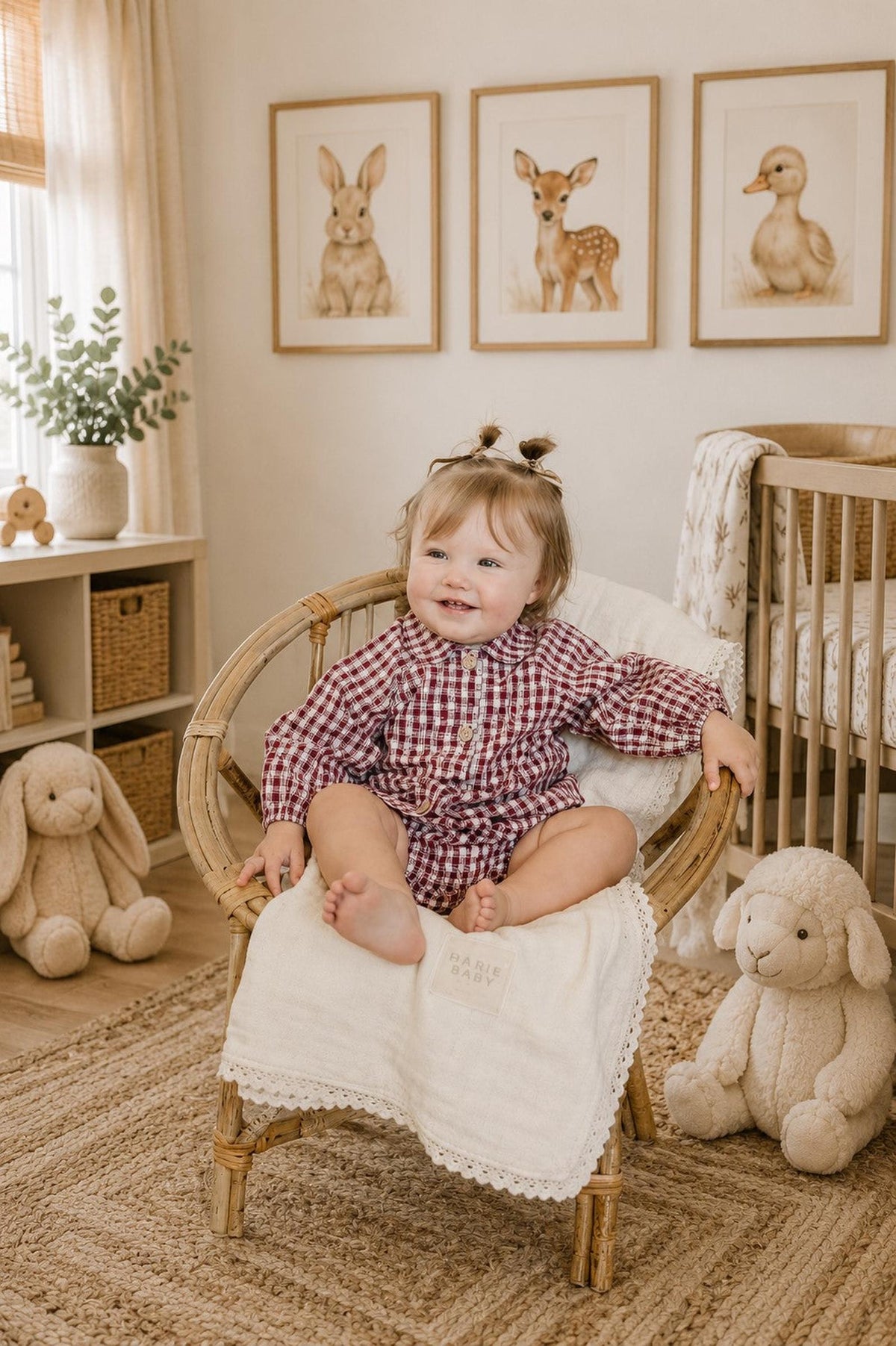 A cheerful baby girl sits in a rattan chair, wearing a red gingham bloomer set with a Peter Pan collar. Soft toys and framed animal prints decorate the cozy room.