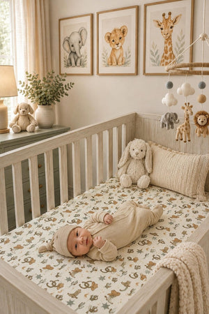 A cozy nursery scene featuring a baby in a beige outfit lying on a muslin crib sheet adorned with animal prints.