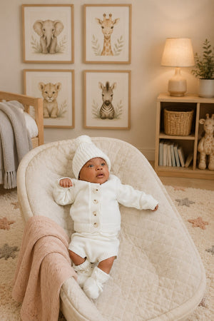 A baby dressed in a white knit sweater and matching bloomers relaxes in a cozy nursery, surrounded by animal-themed wall art and soft lighting, showcasing a serene and stylish environment.
