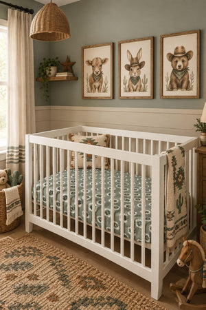 A white crib is adorned with a Southwest Aztec muslin crib sheet featuring a green pattern. The nursery includes animal-themed artwork, a woven rug.