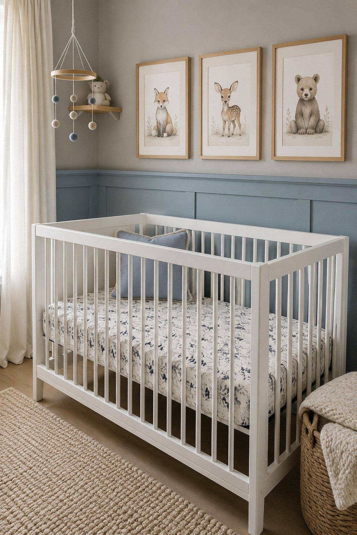 A white wooden crib is set in a nursery with soft, neutral decor. Above, three framed animal illustrations and a mobile add a whimsical touch to the serene space.