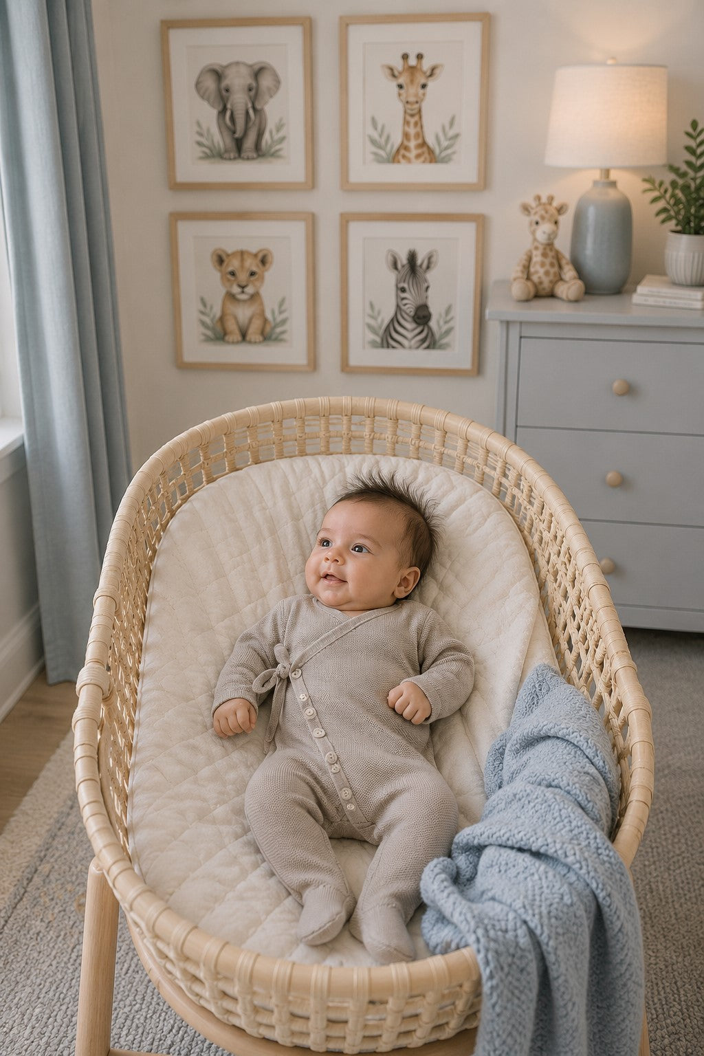 A baby in a light gray knit onesie lies in a cozy, woven bassinet, surrounded by soft bedding and a blue blanket.