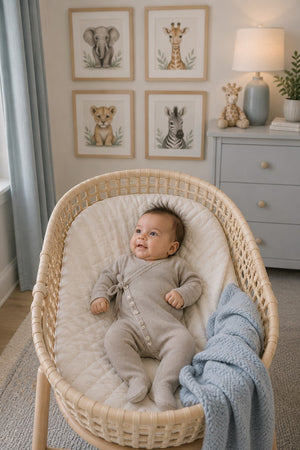 A baby in a light gray knit onesie lies in a cozy, woven bassinet, surrounded by soft bedding and a blue blanket.