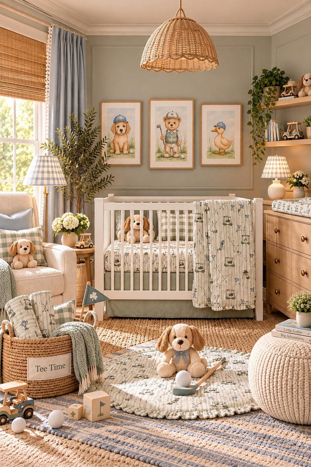 A cozy nursery features a white crib with a soft muslin sheet, surrounded by playful decor, including framed animal artwork, plush toys, and a woven rug, creating a welcoming atmosphere.