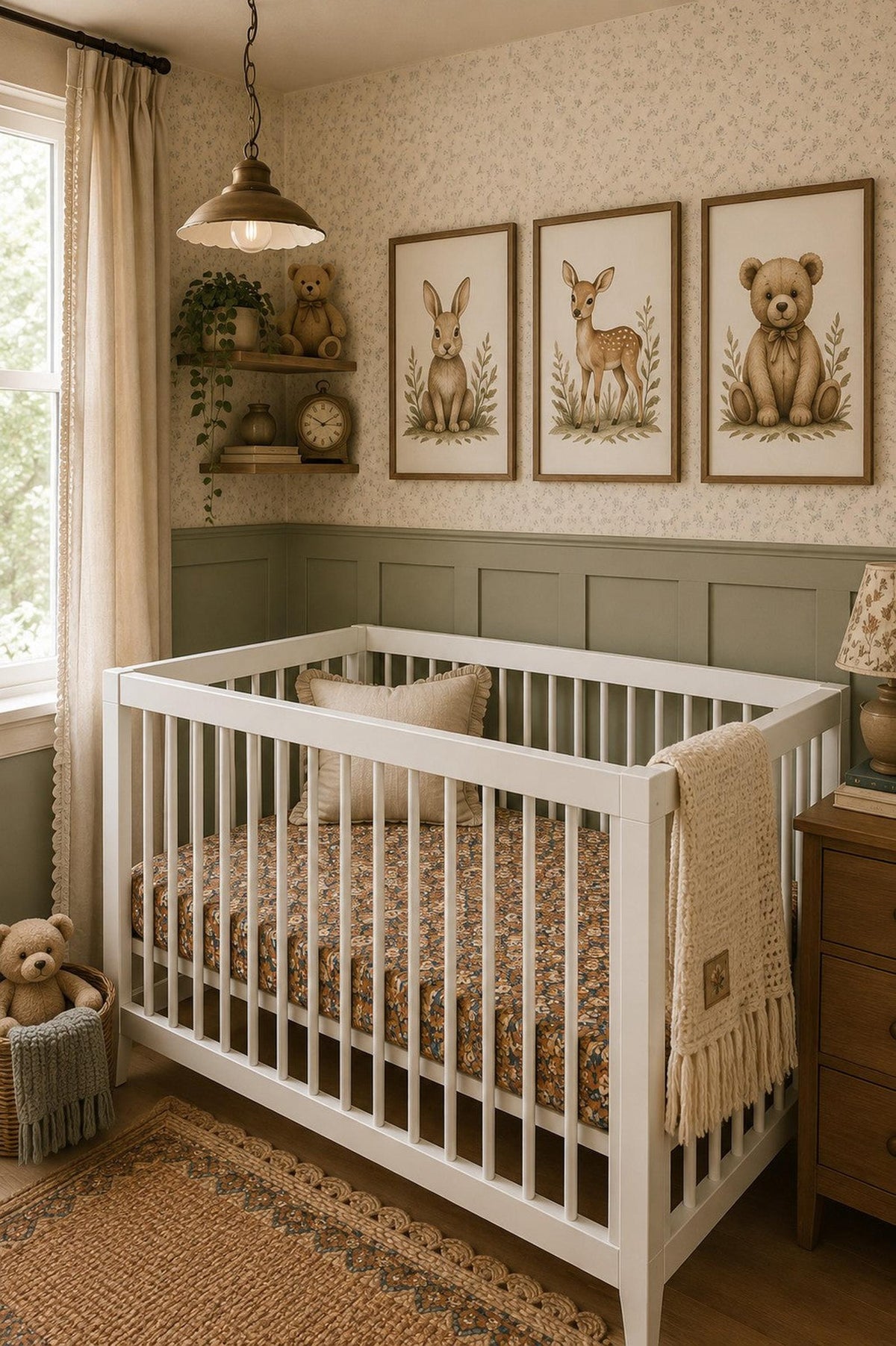 A cozy nursery features a white wooden crib with a floral muslin crib sheet, surrounded by soft-toned walls and framed animal artwork.